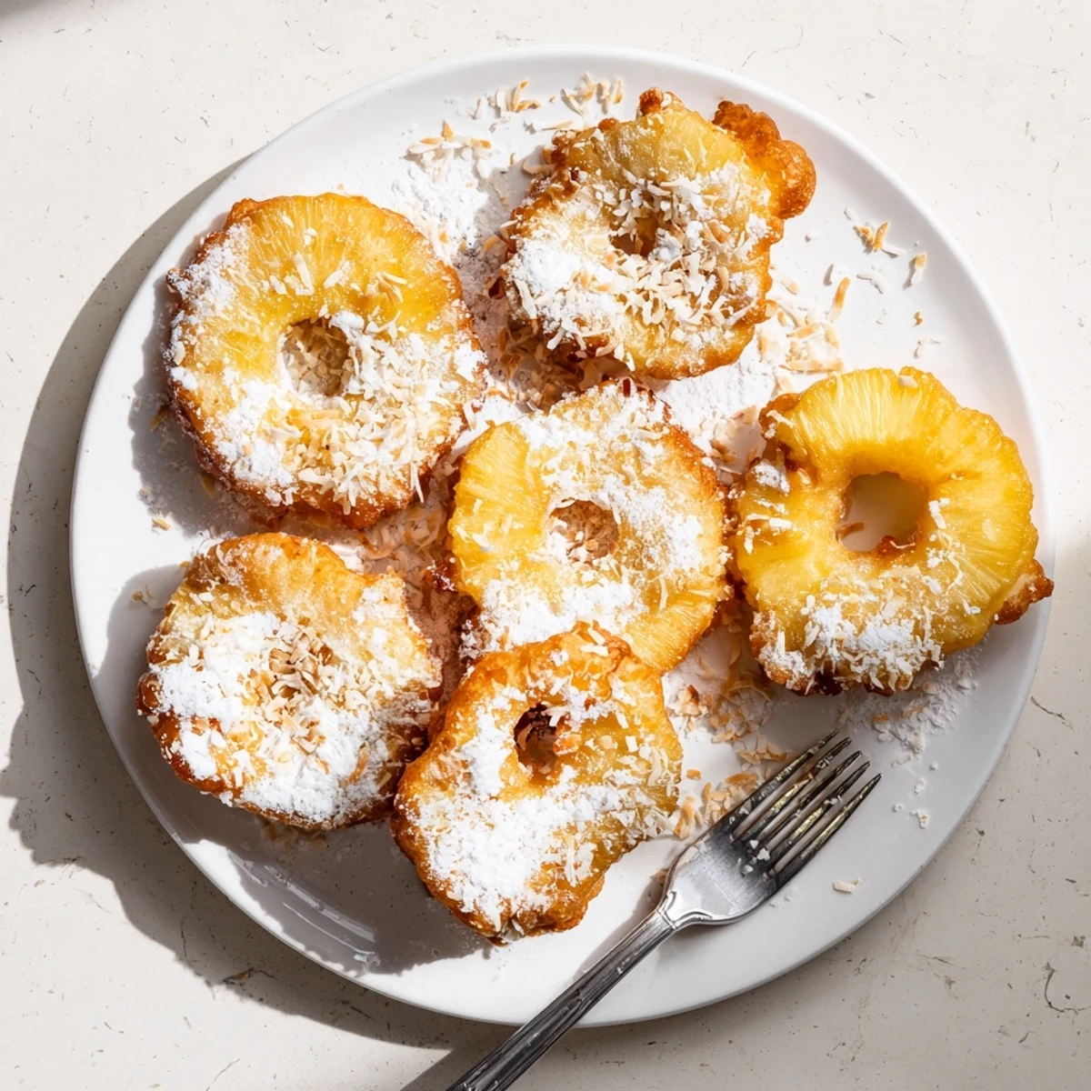 Golden pineapple fritters dusted with powdered sugar on a white serving plate.