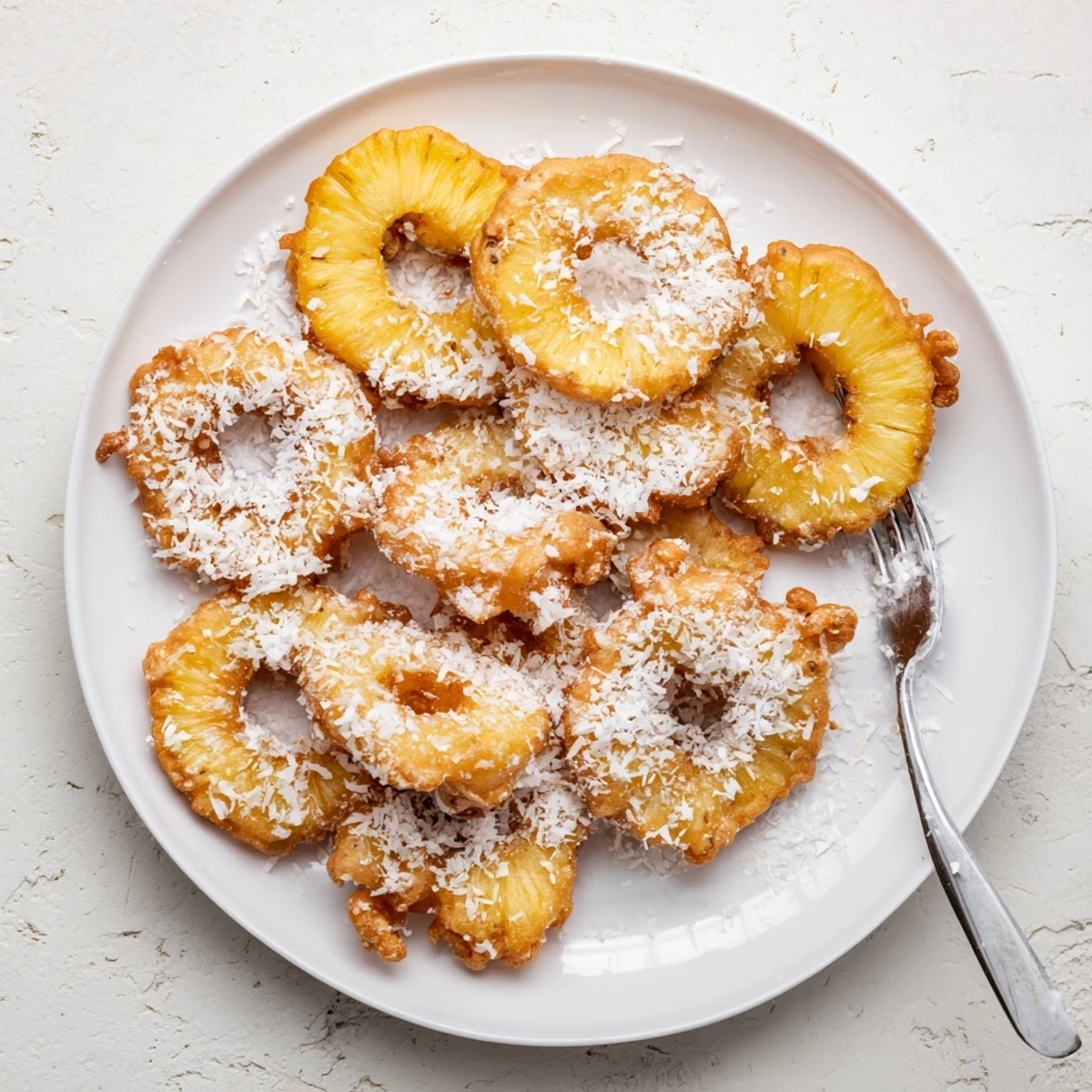 Crispy coconut-battered pineapple rings fried to golden perfection and sprinkled with sweet sugar.