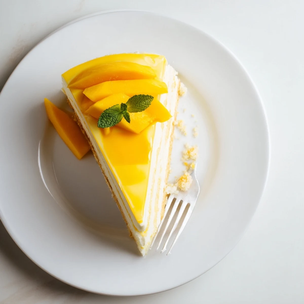 Slice of creamy mango mousse cake revealing fluffy layers over light sponge, finished with shiny mango topping