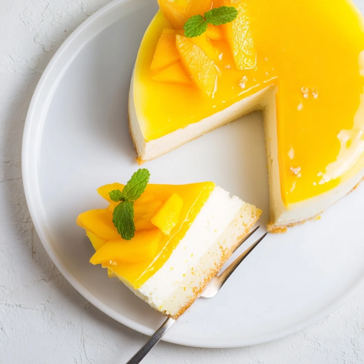 Golden mango mousse cake with glossy glaze on a tender sponge base, topped with fresh mango slices and mint