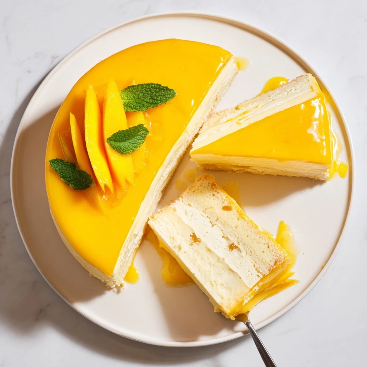 Elegant mango mousse cake featuring billowy mango cream on sponge, decorated with fresh fruit and glossy glaze