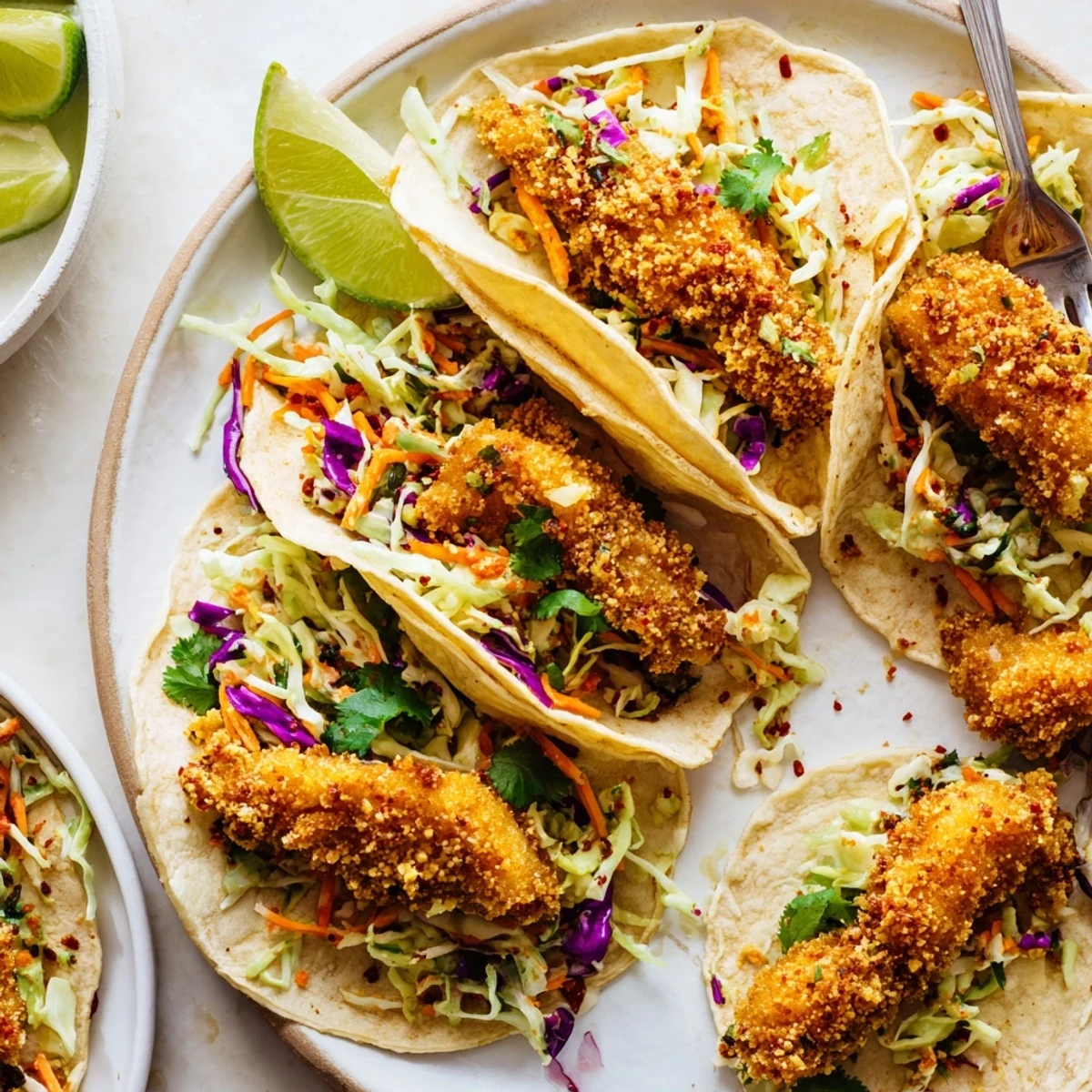 Golden crispy fish tacos topped with colorful cilantro lime slaw in warm tortillas