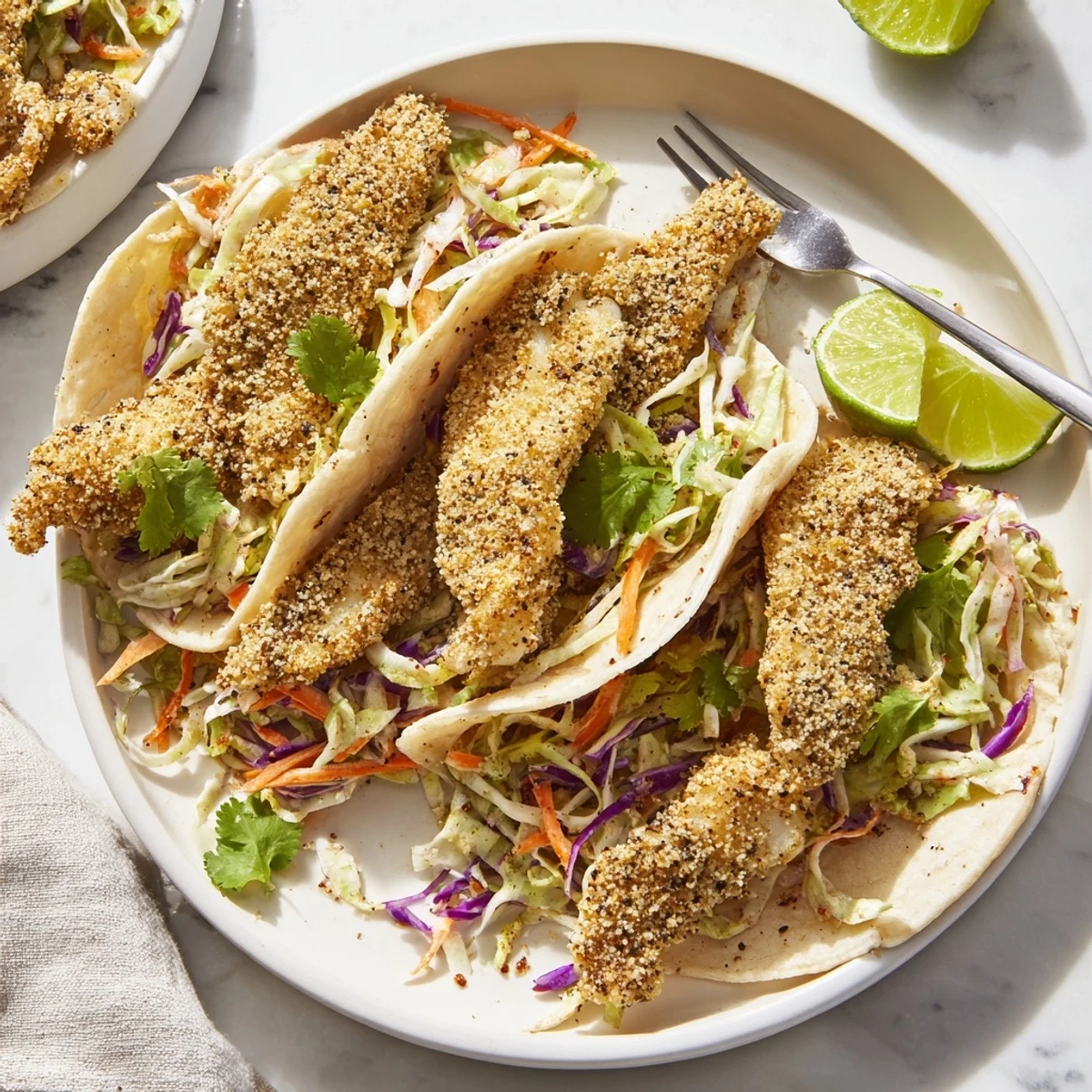 Homemade crispy fish tacos piled high with zesty cabbage slaw and fresh cilantro