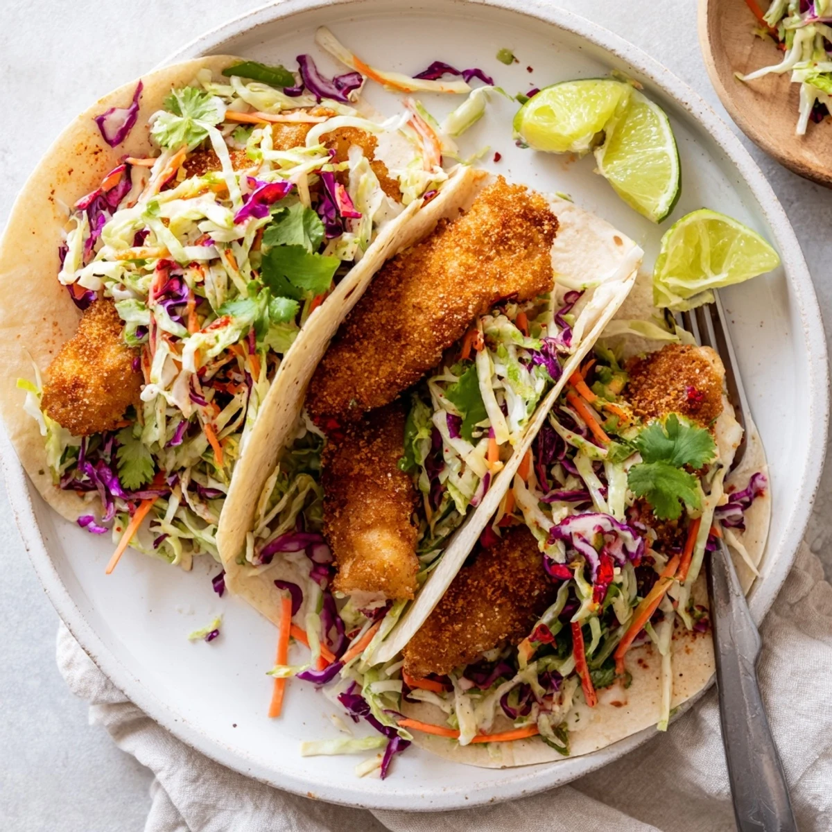 Plate of crispy fish tacos featuring crunchy battered fillets and vibrant purple green slaw