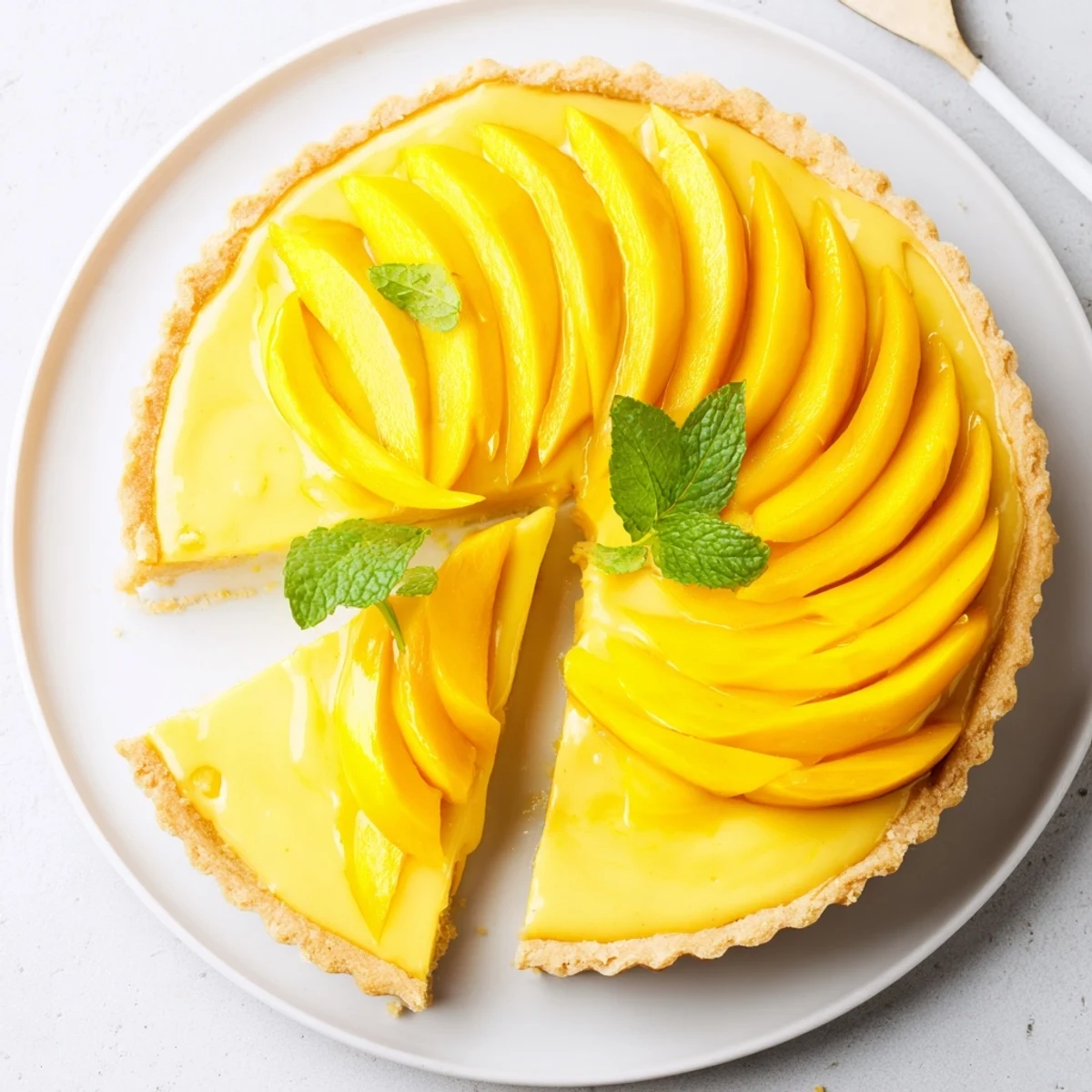 Golden mango curd tart with buttery crust, garnished with fresh mango slices and mint