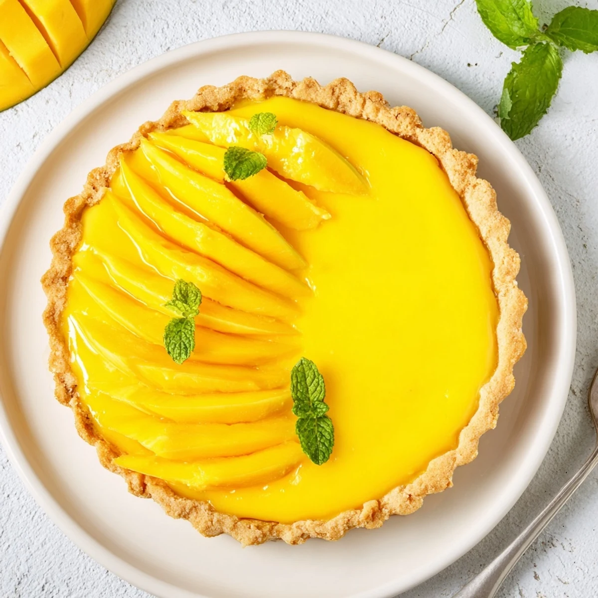 Elegant mango curd tart featuring smooth bright yellow filling in golden baked crust with fruit