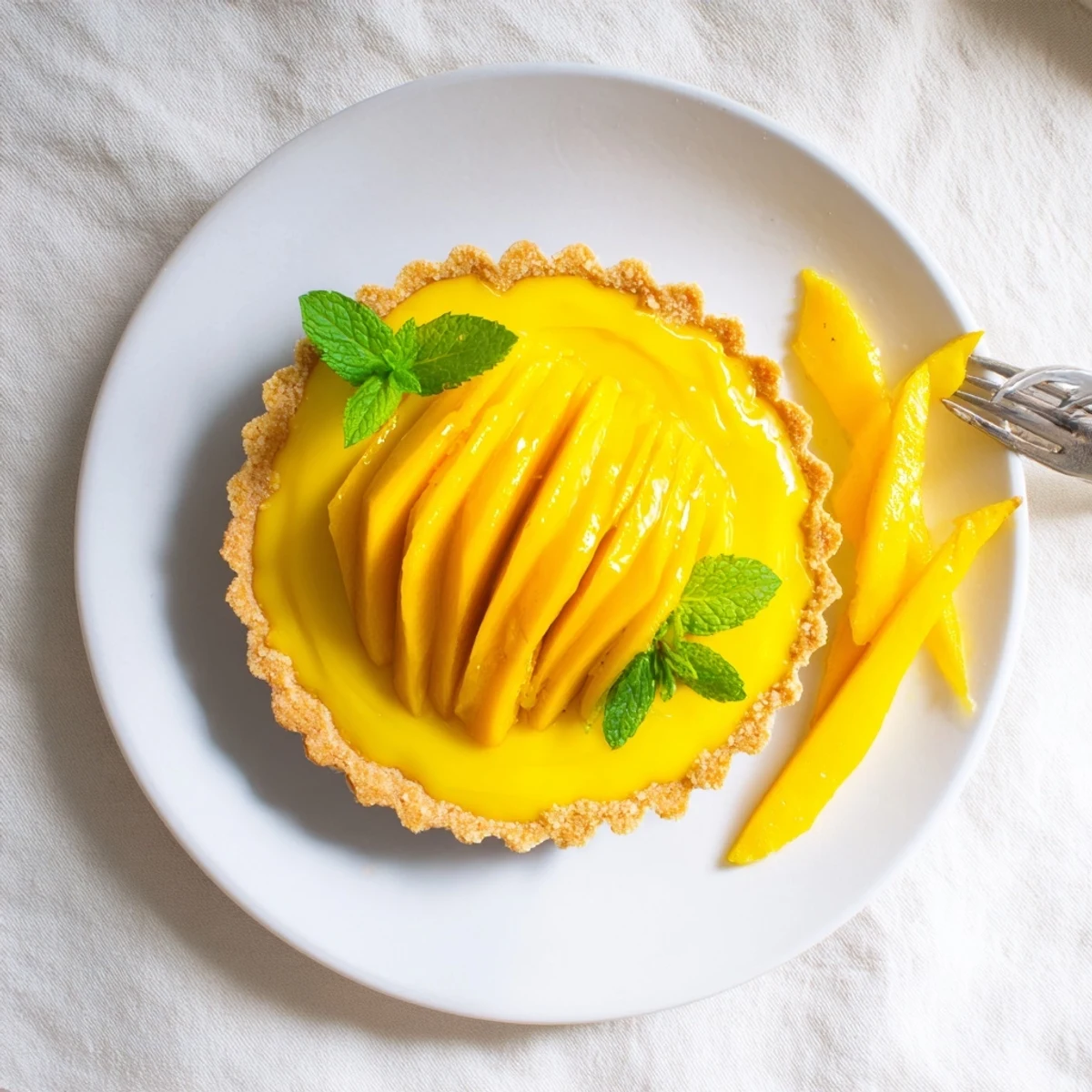 Silky mango curd fills a crisp tart shell, topped with vibrant mango wedges on white plate
