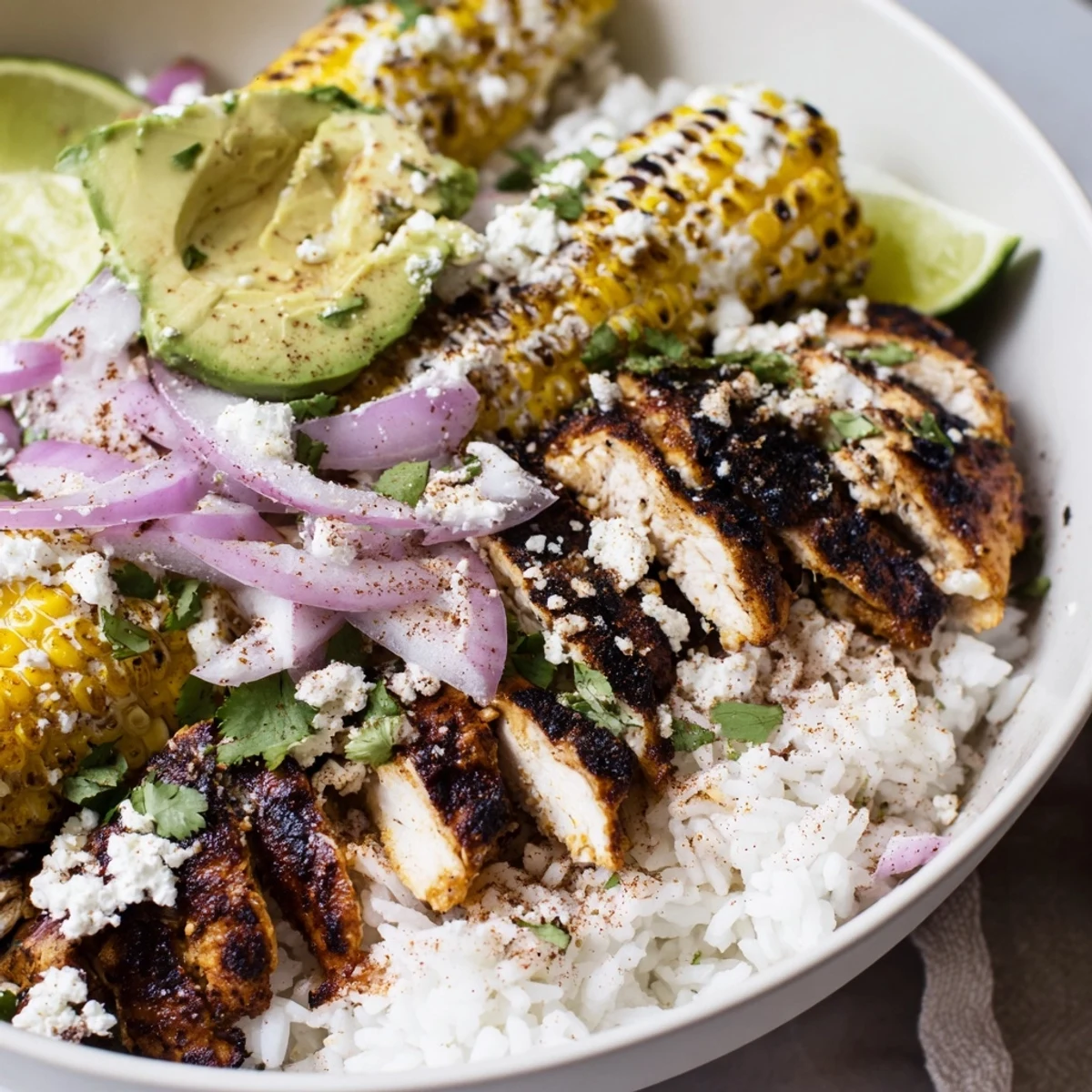 Vibrant Mexican-inspired street corn chicken rice bowl layered with juicy seasoned chicken, zesty lime corn salad, crisp red onion, and buttery avocado