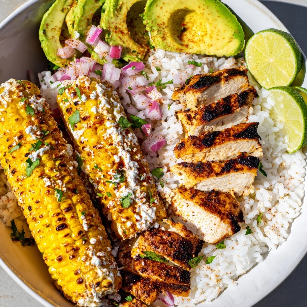 Hearty street corn chicken rice bowl displaying sliced spiced chicken, creamy corn topping with cotija cheese, fluffy rice base, and garnished with cilantro