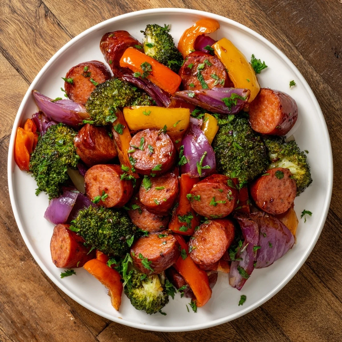 Golden roasted kielbasa and colorful vegetables glazed with honey garlic on a sheet pan