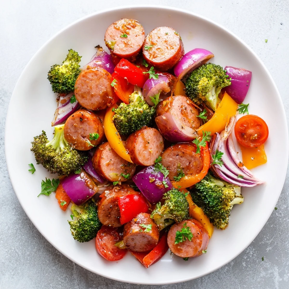 Caramelized sausage and tender veggies coated in sweet honey garlic sauce ready for serving