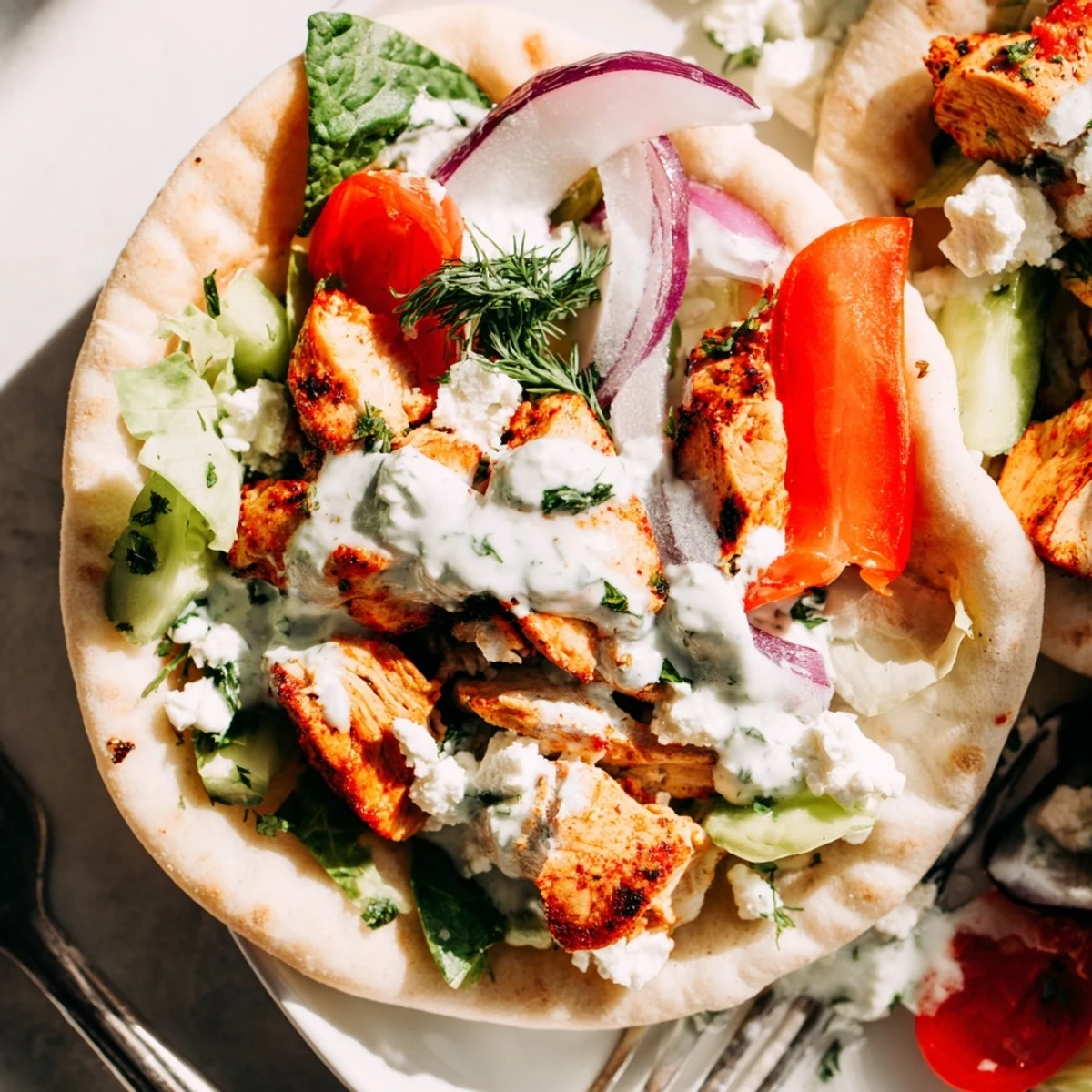 Golden roasted chicken and colorful vegetables stuffed inside warm pita breads drizzled with creamy herby ranch sauce