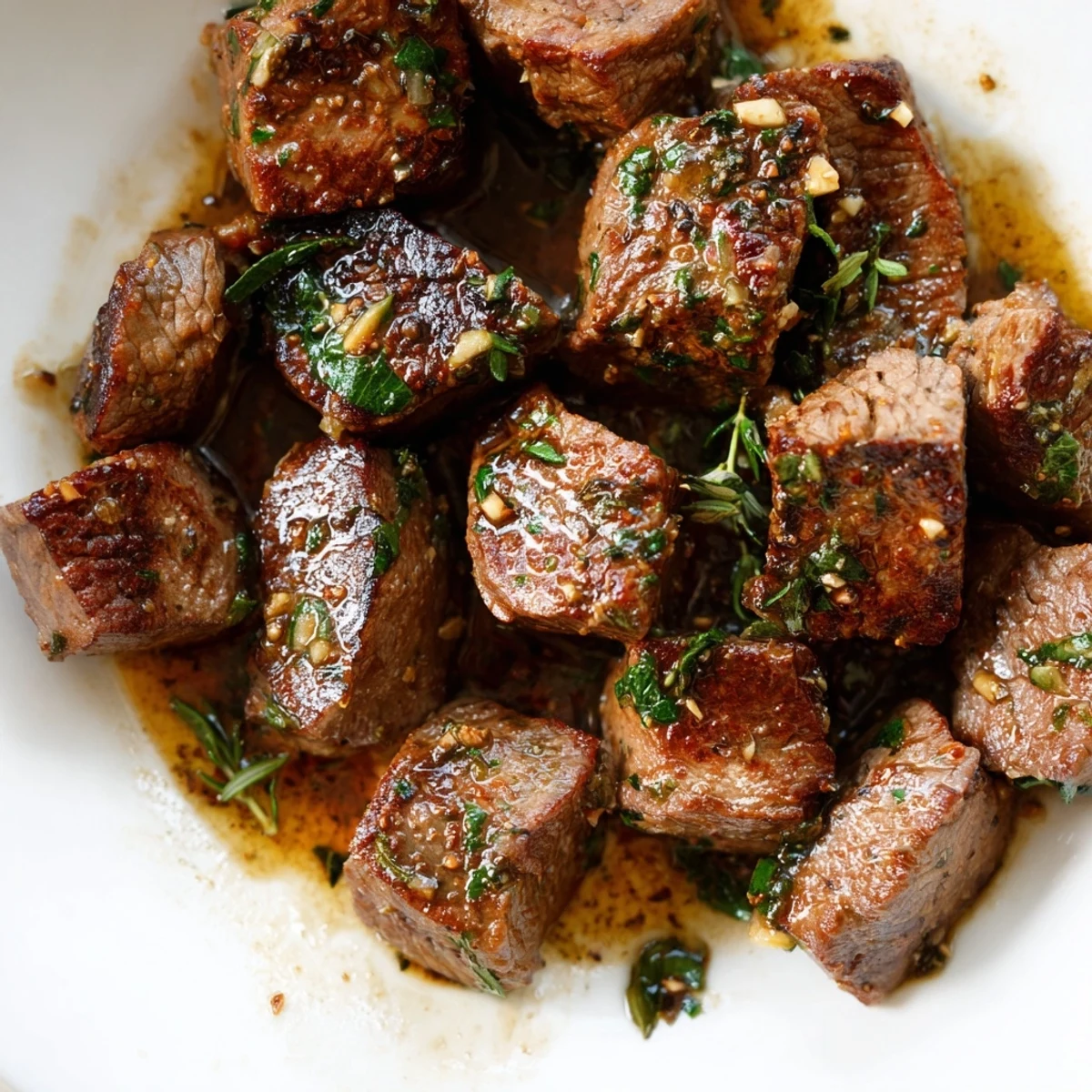 Tender cubed sirloin seared to medium perfection and coated in rich melted garlic butter sauce