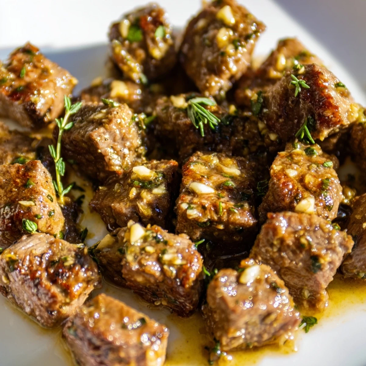 Golden garlic butter steak bites sizzling in a cast iron skillet with fresh parsley garnish