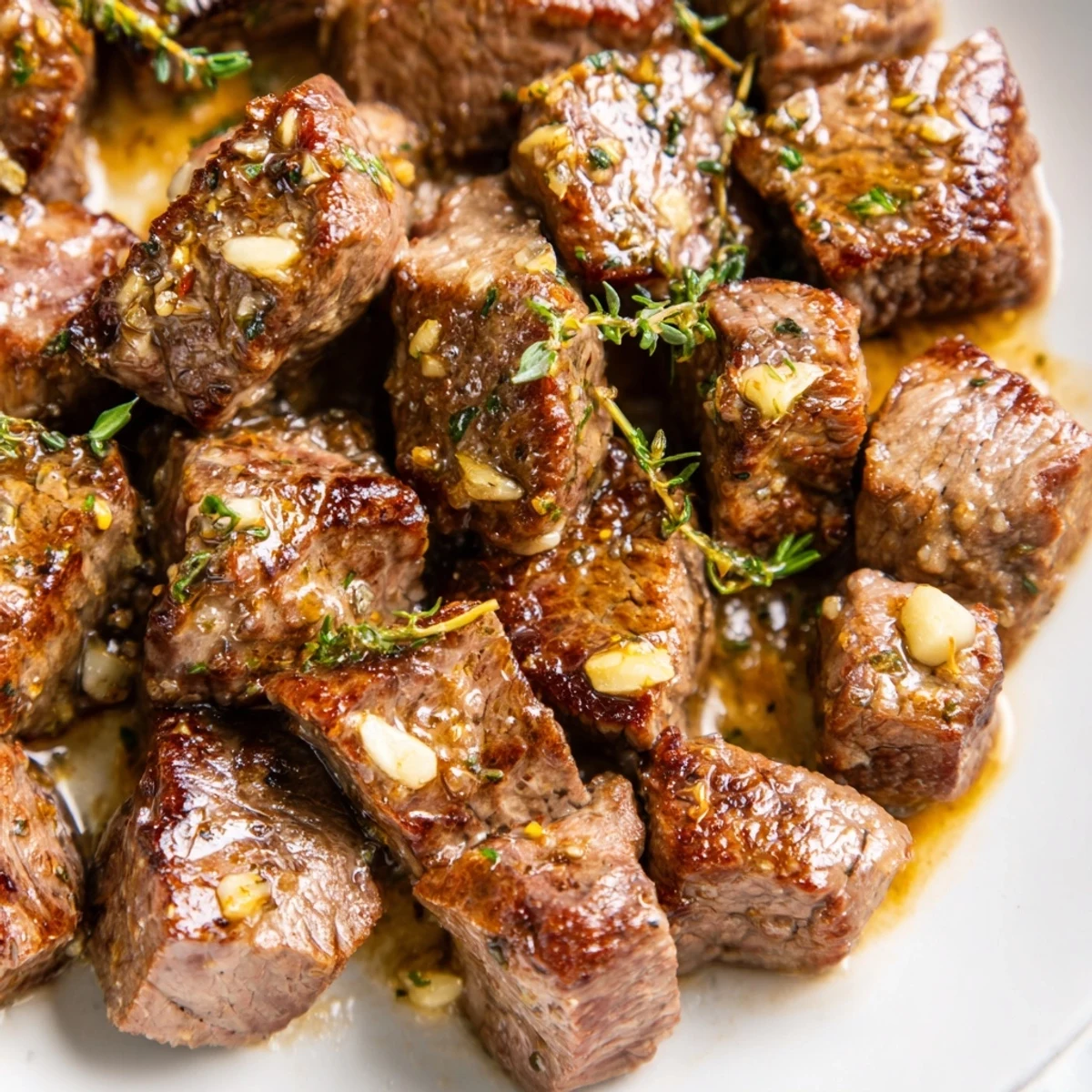 Juicy steak bites arranged on a white plate glistening with herb-infused butter and minced garlic