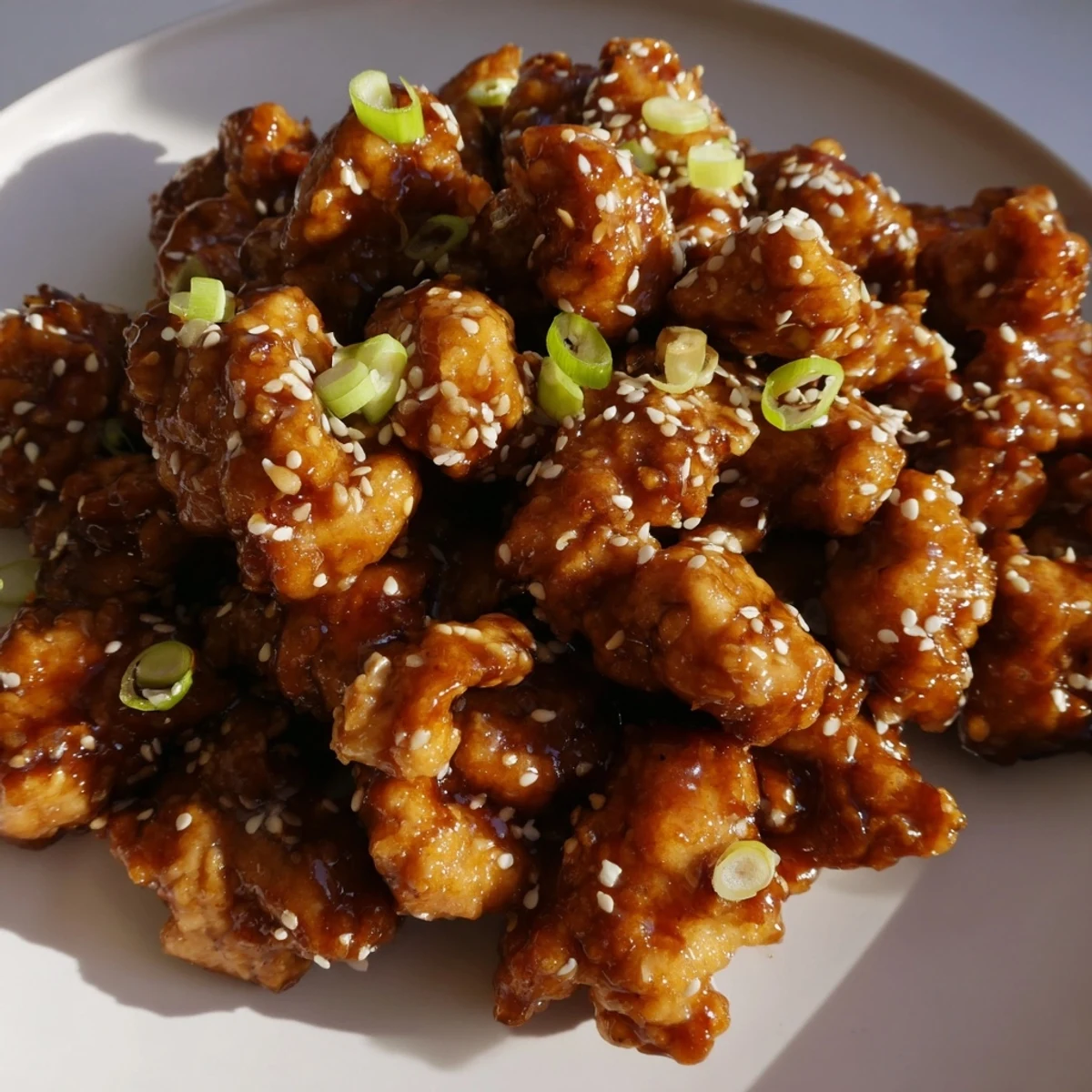 Golden brown Mongolian chicken pieces coated in a glossy brown sugar soy sauce garnished with green onions and sesame seeds