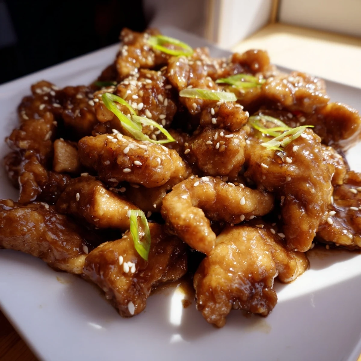 Crispy chicken thighs tossed in a sweet savory Mongolian sauce served over fluffy white rice with red chili flakes
