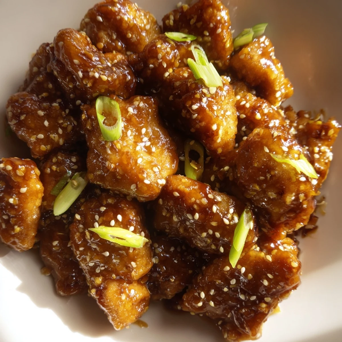 Mouthwatering Mongolian chicken wok stir fry with caramelized garlic ginger glaze and fresh scallion sprinkles on a serving platter