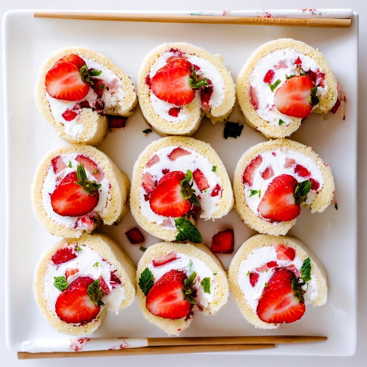 Playful strawberry shortcake sushi rolls featuring fluffy vanilla cake, fresh diced berries, and fluffy whipped cream filling