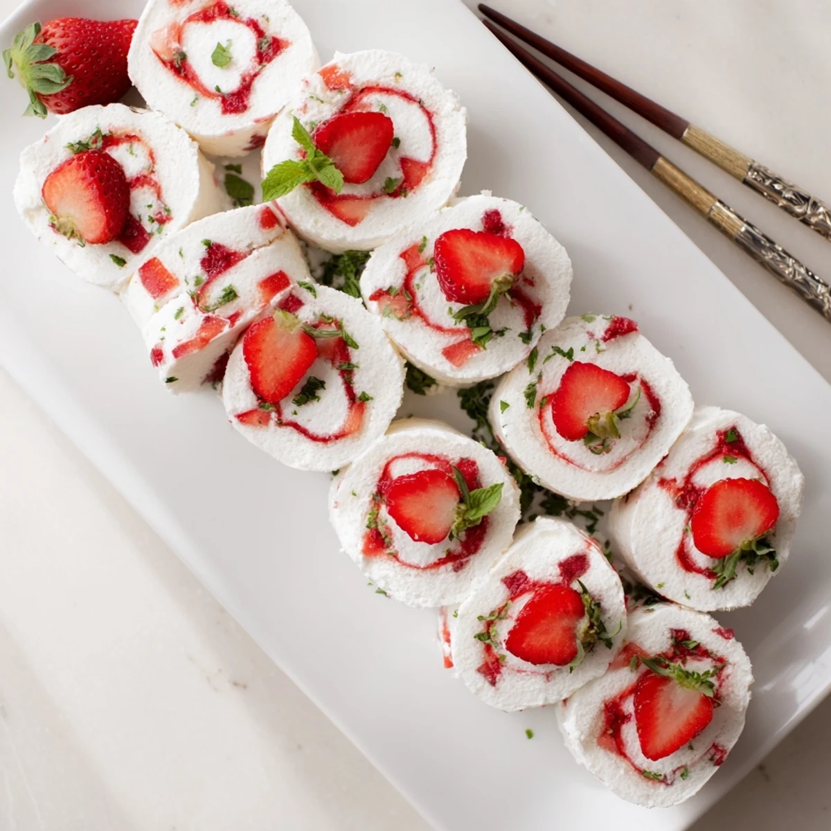 Elegant dessert sushi with whipped cream and sweet strawberries rolled inside soft vanilla cake slices