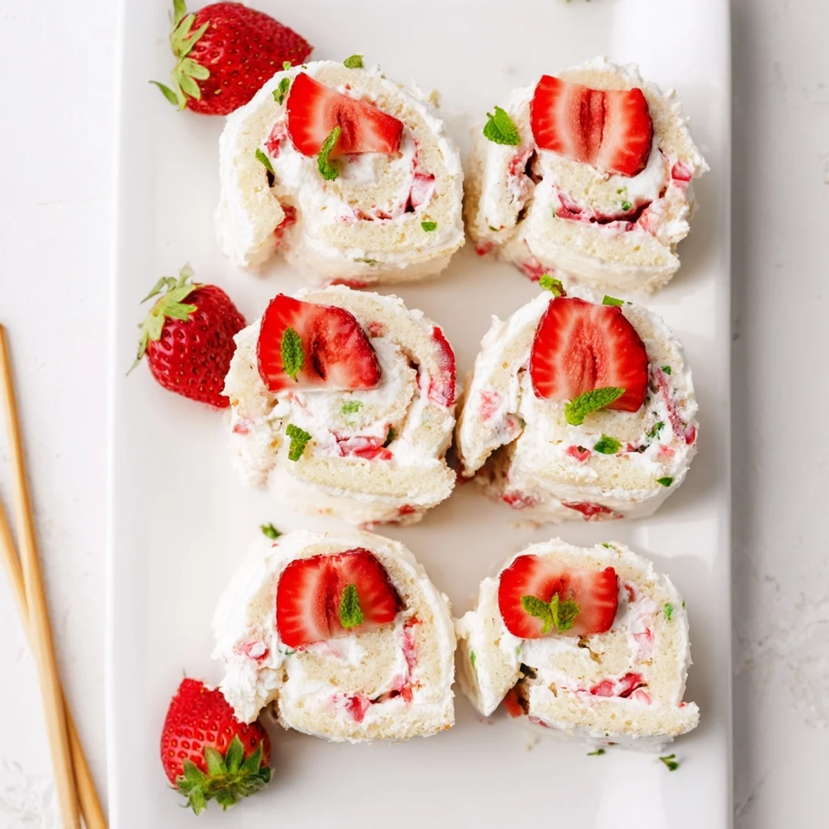 Colorful strawberry shortcake sushi pieces topped with fresh strawberry slices and optional mint garnish on white plate