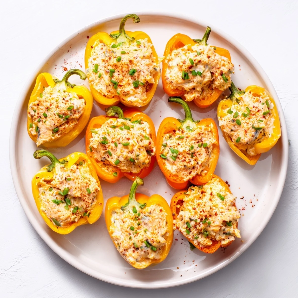 Golden air fryer cream cheese stuffed mini peppers arranged on a white serving platter