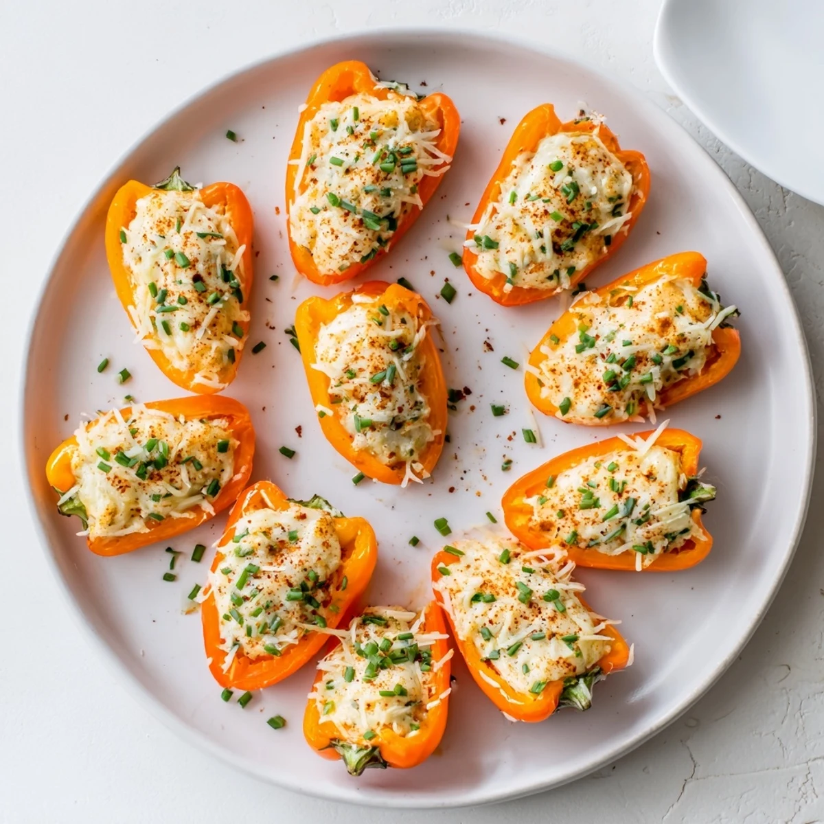 Crisp tender mini peppers oozing savory cream cheese blend after air frying to golden perfection
