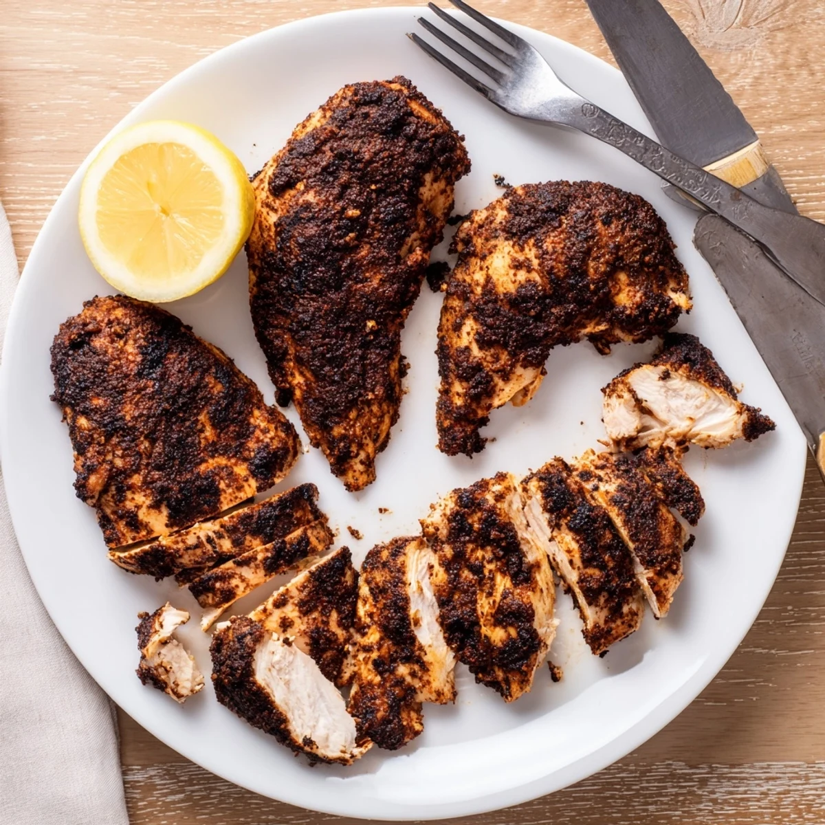 Juicy blackened chicken breasts with a dark crispy spice crust on a white plate