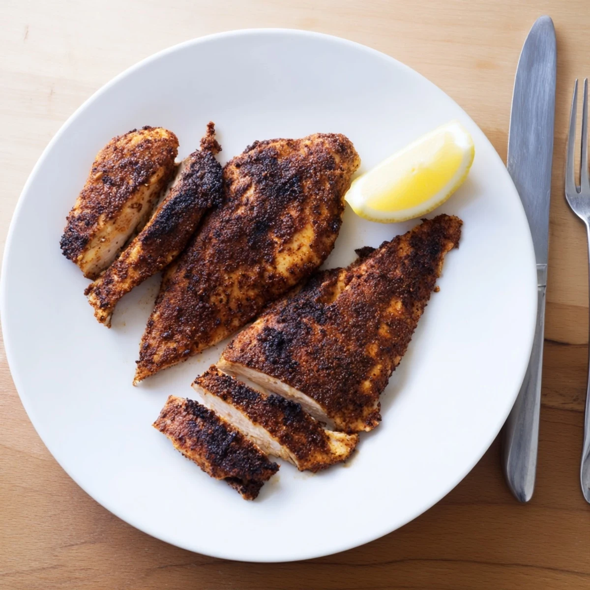Perfectly seared blackened chicken showing smoky charred edges and tender meat inside