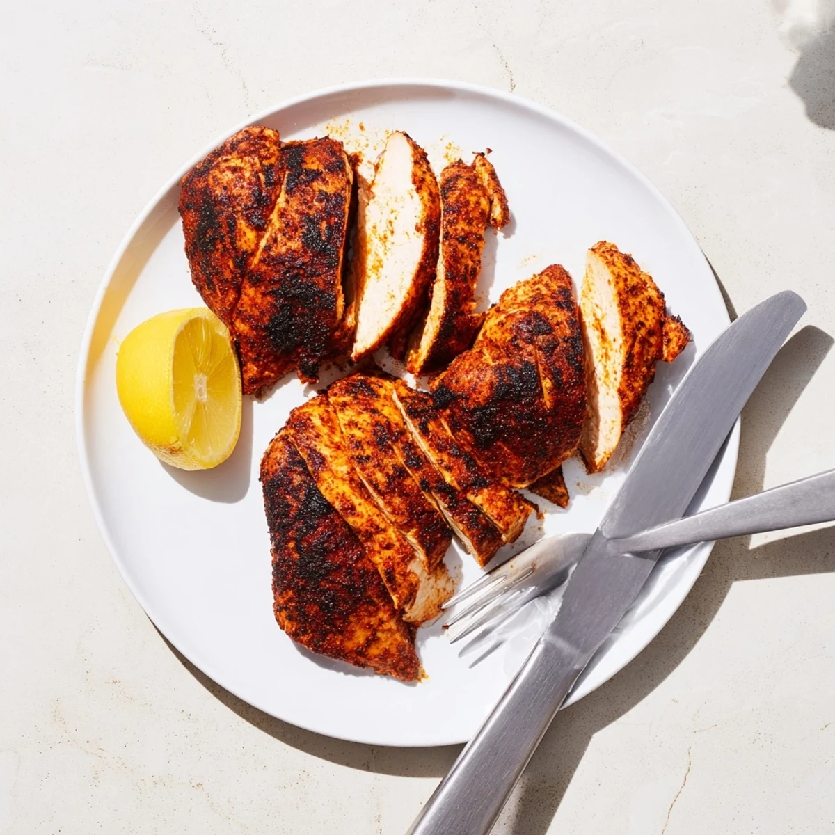 Sliced blackened chicken revealing moist interior served with fresh lemon wedges on rustic wooden board
