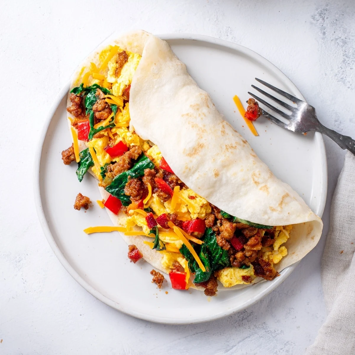 Homemade make-ahead breakfast burritos featuring cheesy scrambled eggs with vegetables and sausage, tightly rolled in soft tortillas for grab-and-go breakfasts