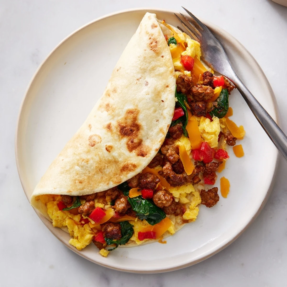 Hearty breakfast burritos filled with fluffy eggs, diced peppers, onions, spinach, and crumbled sausage ready for freezing and quick morning meals