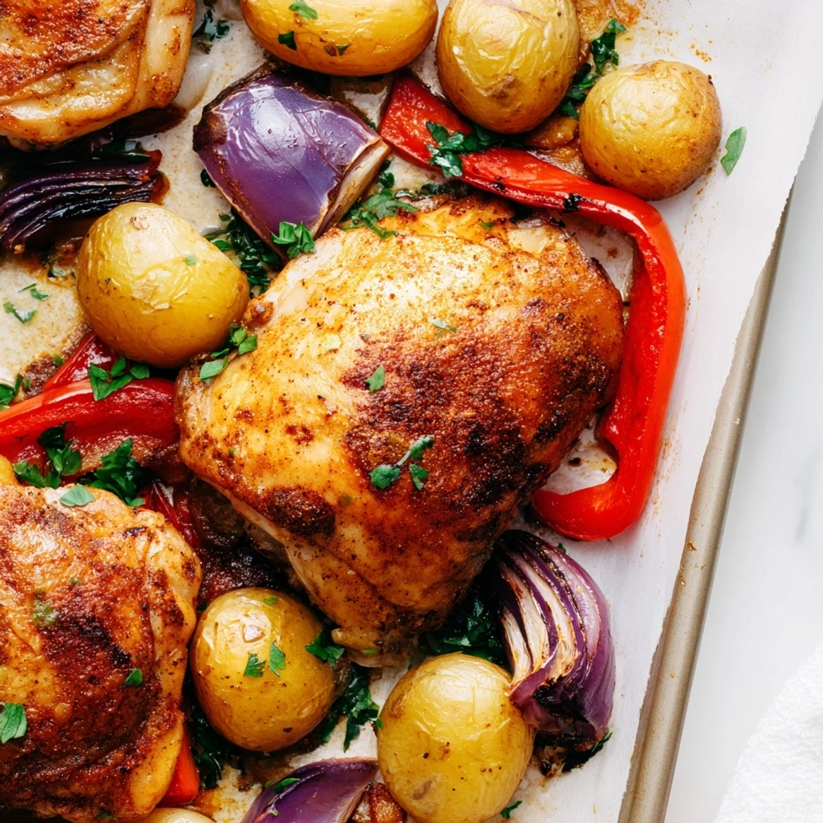 Golden roasted chicken thighs nestled among crispy baby potatoes and colorful vegetables on a baking sheet