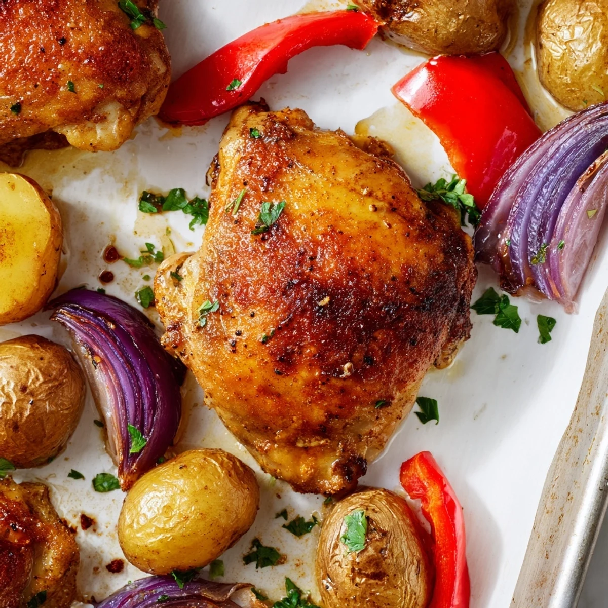 Savory sheet pan chicken and potatoes arranged with red onion and bell pepper for a complete one-pan dinner