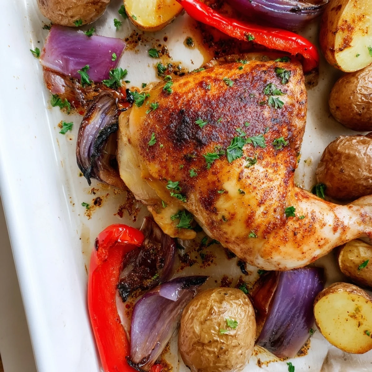 Herb-marinated chicken and potatoes roasting together on a sheet pan with fresh parsley garnish