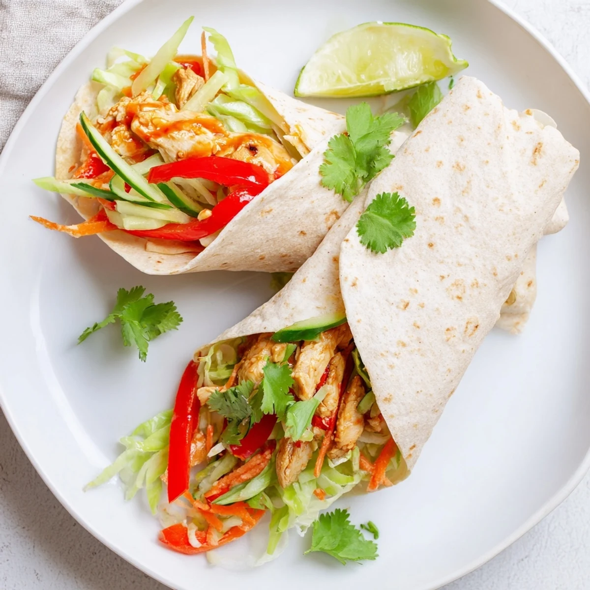 Fresh sweet chili chicken wraps showcasing colorful veggies and tender glazed chicken in soft tortillas