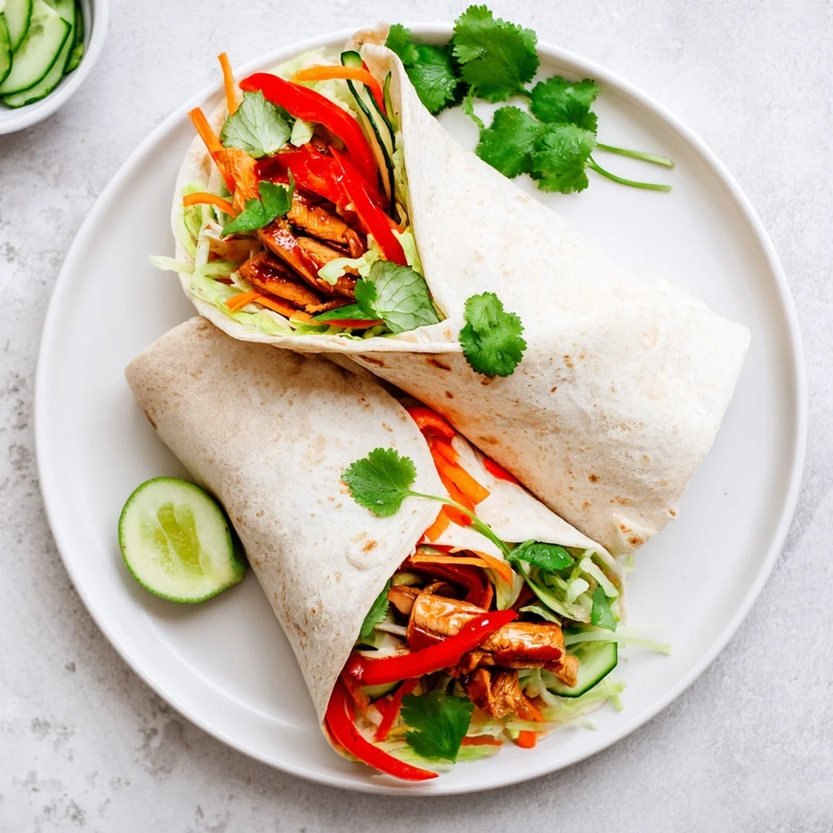 Homemade sweet chili chicken wraps sliced to reveal vibrant filling and tangy Asian-inspired sauce