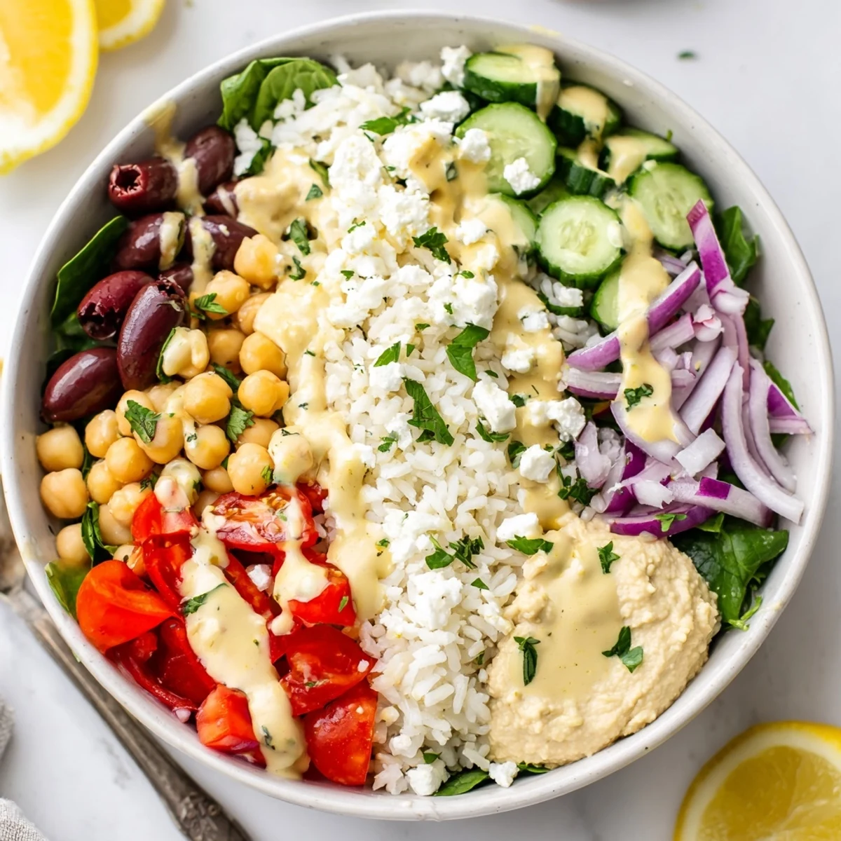 Fluffy rice layered with crisp cucumber, tomatoes, olives, and creamy hummus in Mediterranean rice bowl