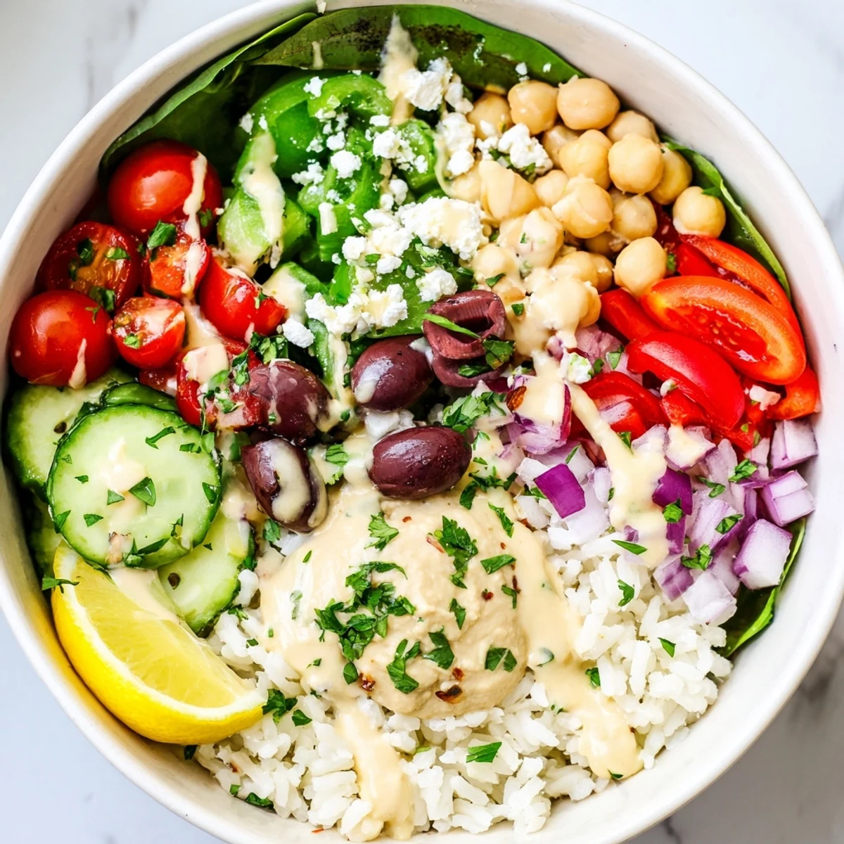 Colorful Mediterranean rice bowl topped with fresh vegetables, chickpeas, and tangy feta cheese