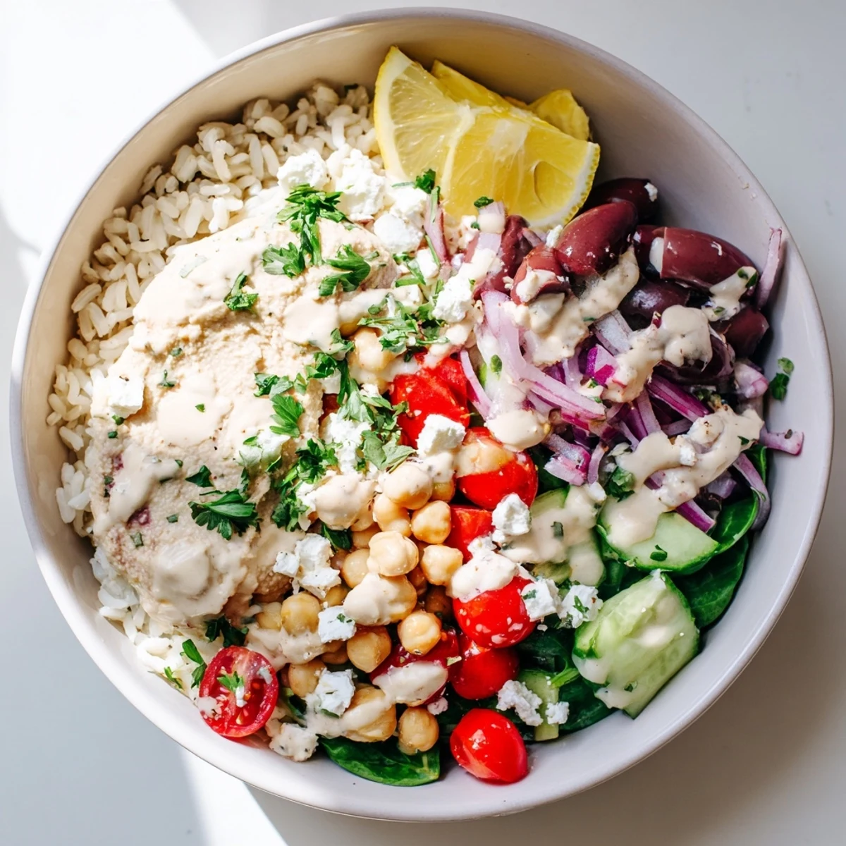 Vibrant Mediterranean rice bowl drizzled with lemon-tahini dressing and garnished with fresh parsley