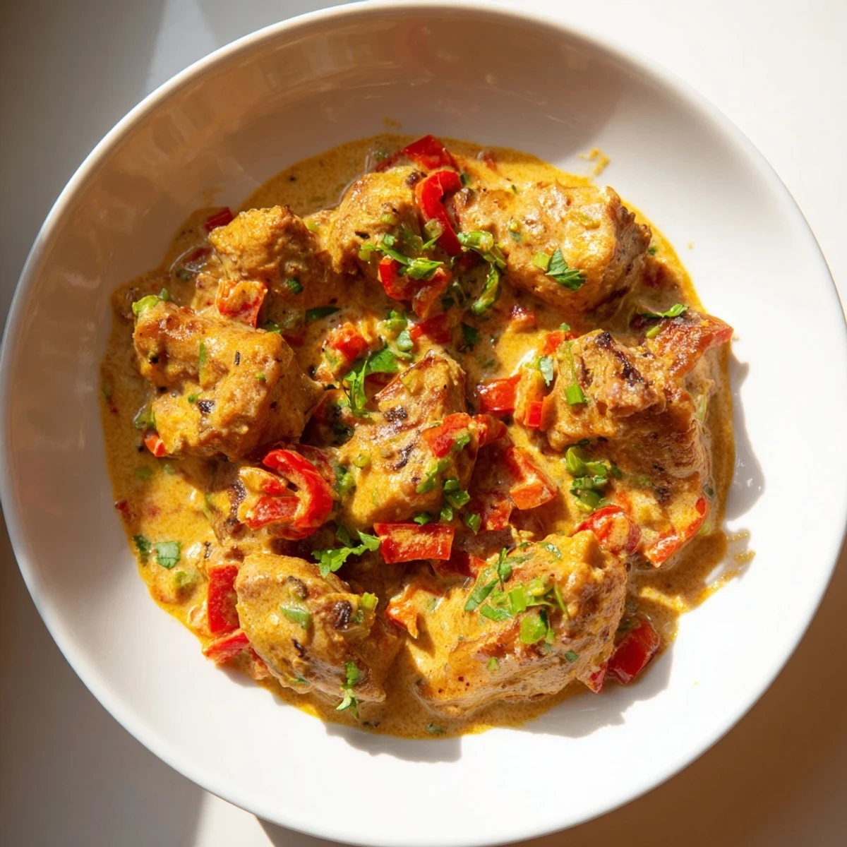 Golden chicken pieces swimming in a rich, spicy Brazilian coconut sauce with diced bell peppers and fresh herbs