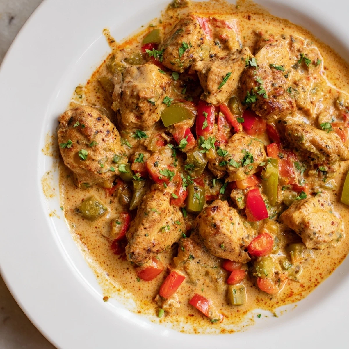 Creamy white coconut milk curry with tender chicken thighs, vibrant red and green peppers, and chopped cilantro garnish