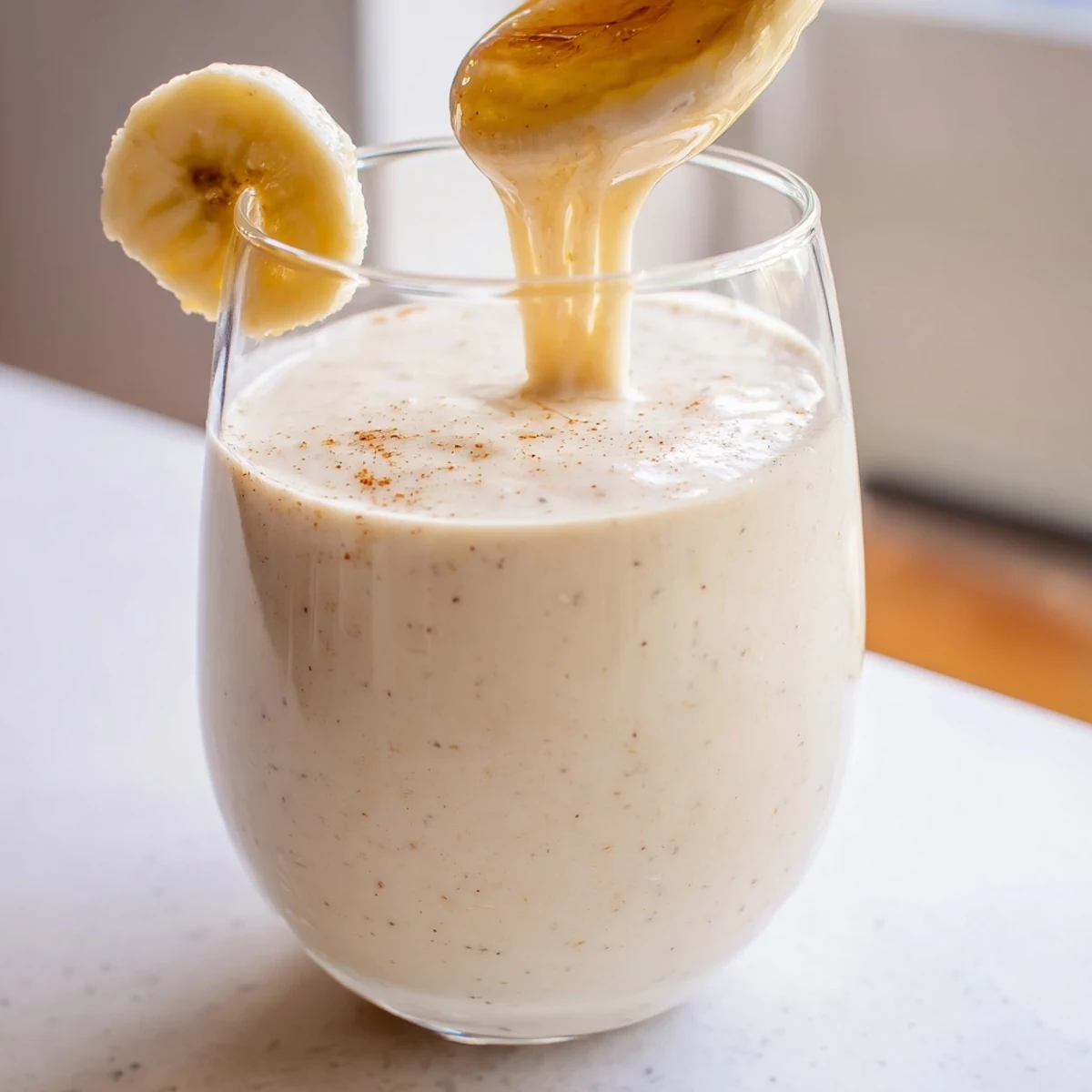 Creamy Greek yogurt banana smoothie poured into glasses with fresh banana slices on top