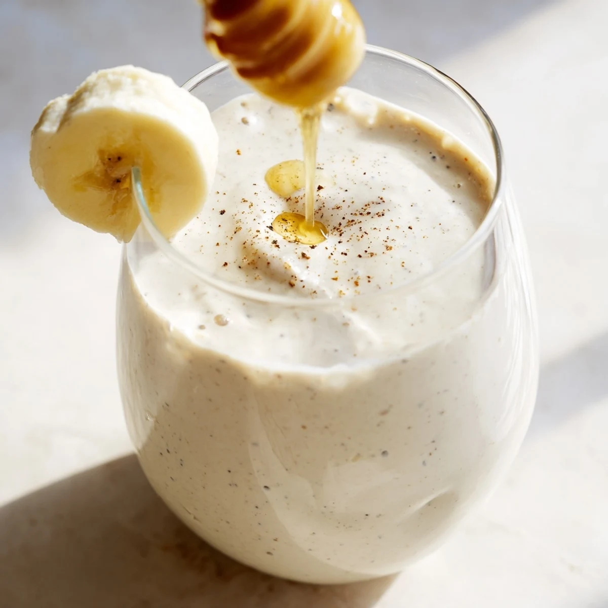 Thick and smooth Greek yogurt banana smoothie topped with granola and a drizzle of honey