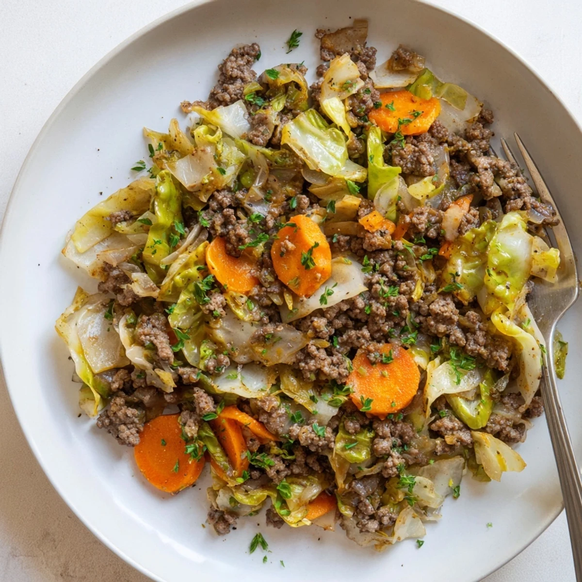 Hearty Irish ground beef and cabbage cooked in a skillet with carrots and onions