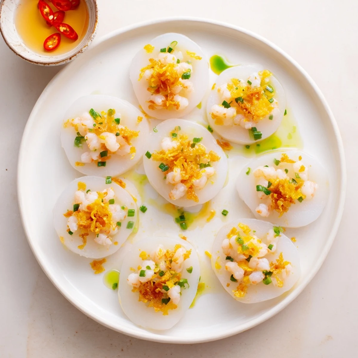 Steamed Banh Beo rice cakes topped with savory shrimp, scallion oil, and crispy shallots