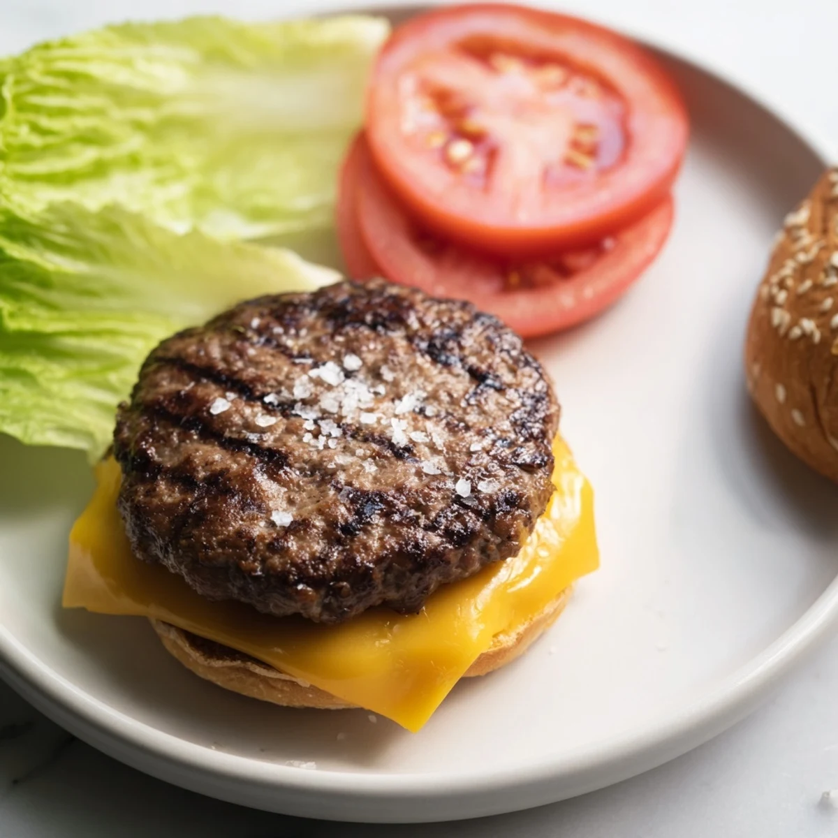 Perfectly cooked air fryer hamburger patties served with fresh tomato and pickles