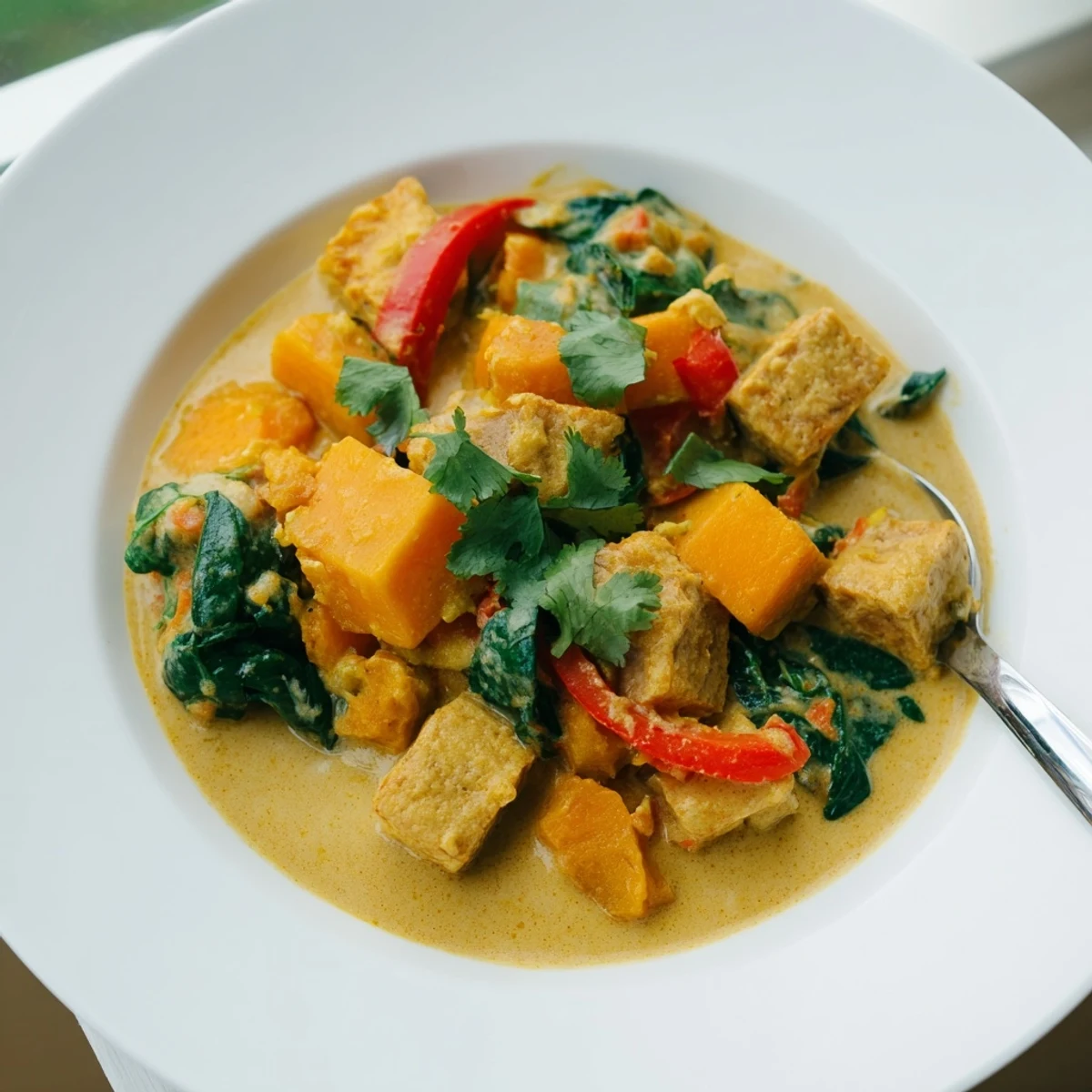 Creamy vegetarian pumpkin tofu curry with golden coconut sauce and fresh cilantro garnish