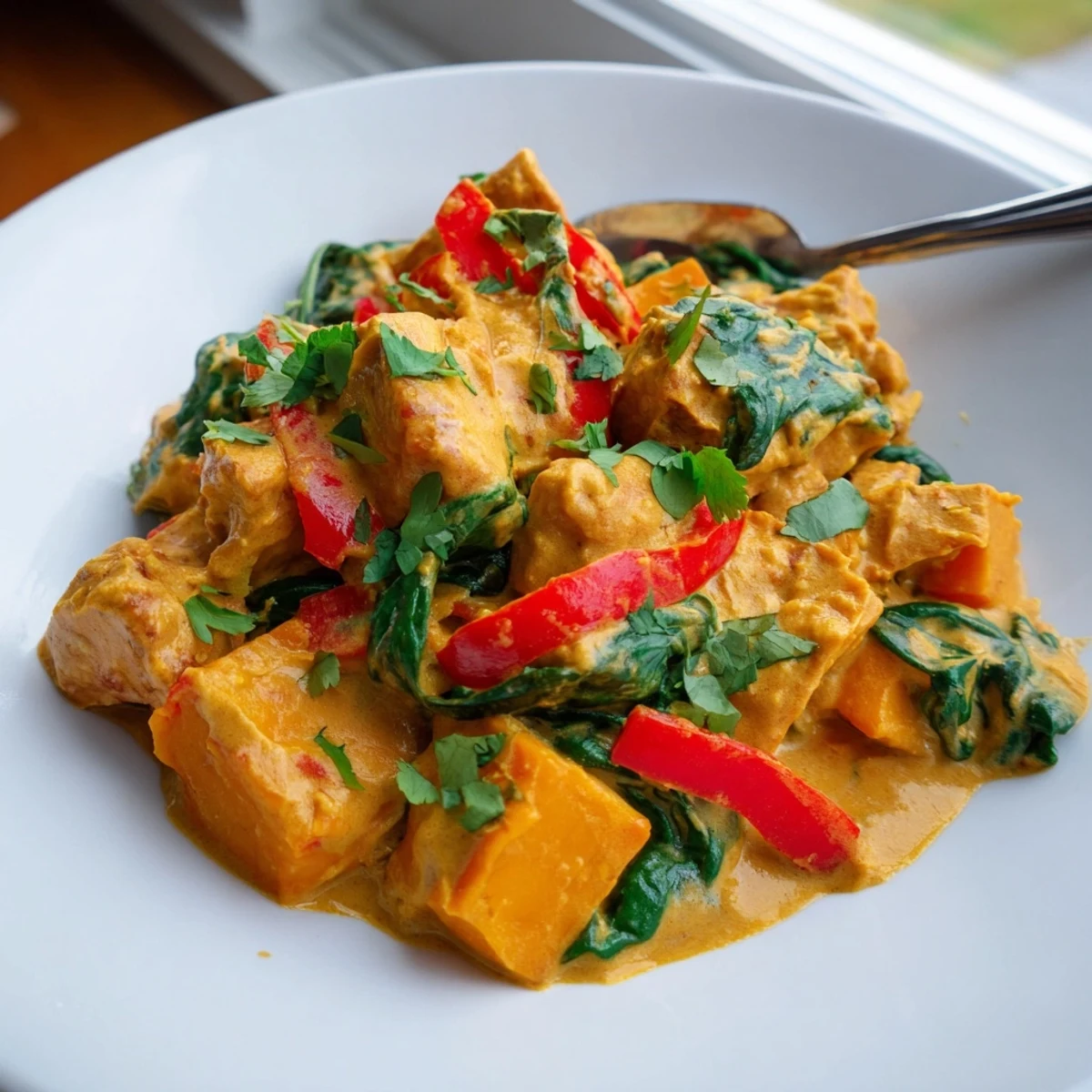 Golden fried tofu cubes in fragrant pumpkin curry with red bell pepper and spinach