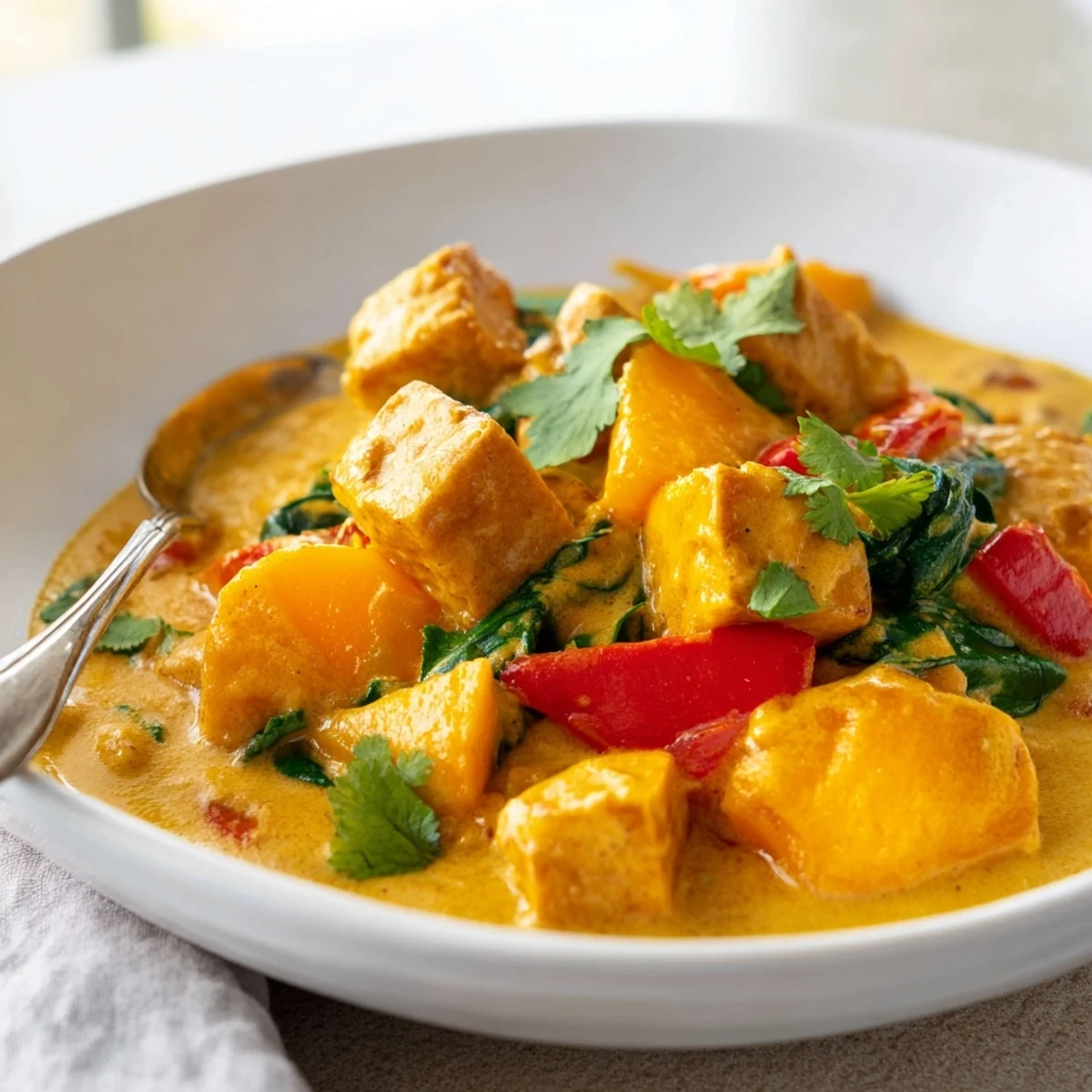 Steaming bowl of vegetarian pumpkin tofu curry served with lime wedges and fluffy rice